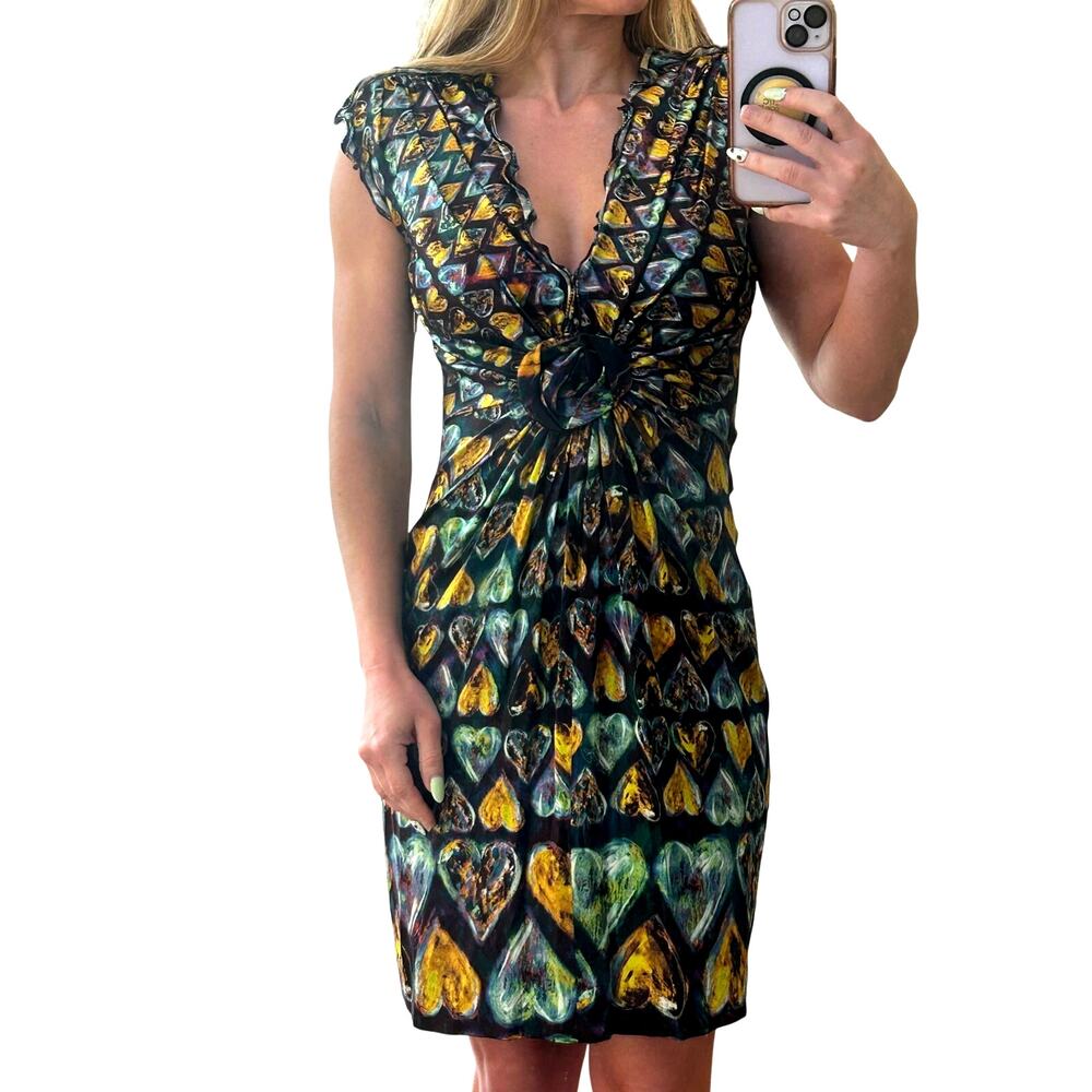 VINTAGE Roberto Cavalli Y2K Silk Heart Print Rosette Dress - IT 38 (US 2)